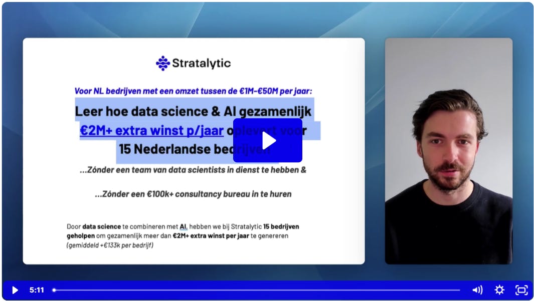 Openingsslide van de videotraining: hoe data science & AI extra winst oplevert voor Nederlandse bedrijven, met Rutger Geerlings in beeld